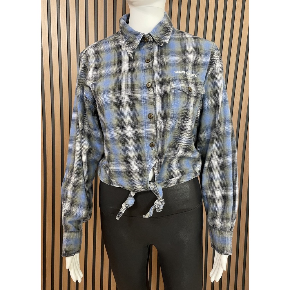 Vintage Harley Davidson Women's Shirt Button Up Top Cropped‎ Knotted Tie  M Blue